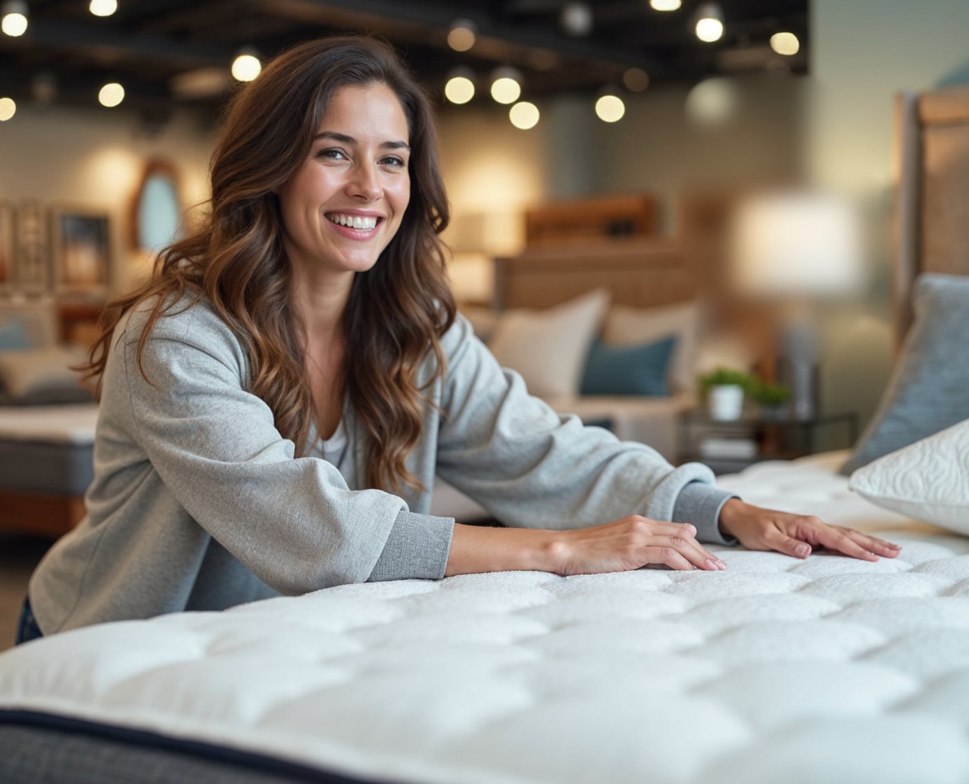 Mulher sorridente apoiada sobre um colchão em showroom de loja